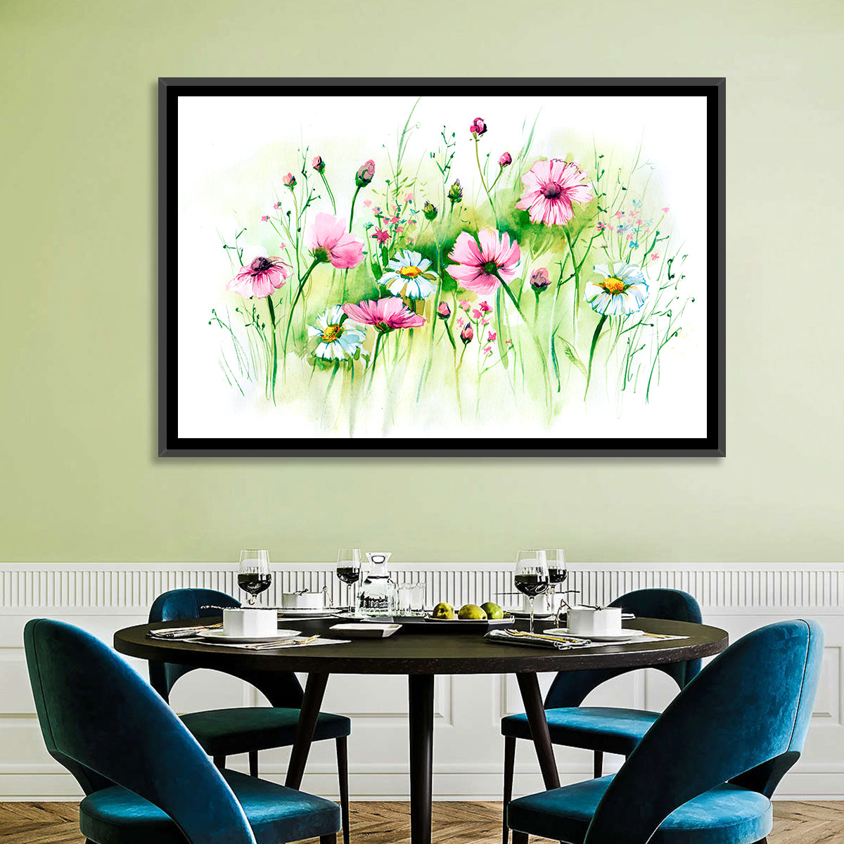Airy Wildflower Meadow Watercolor Wall Art in a room, landscape