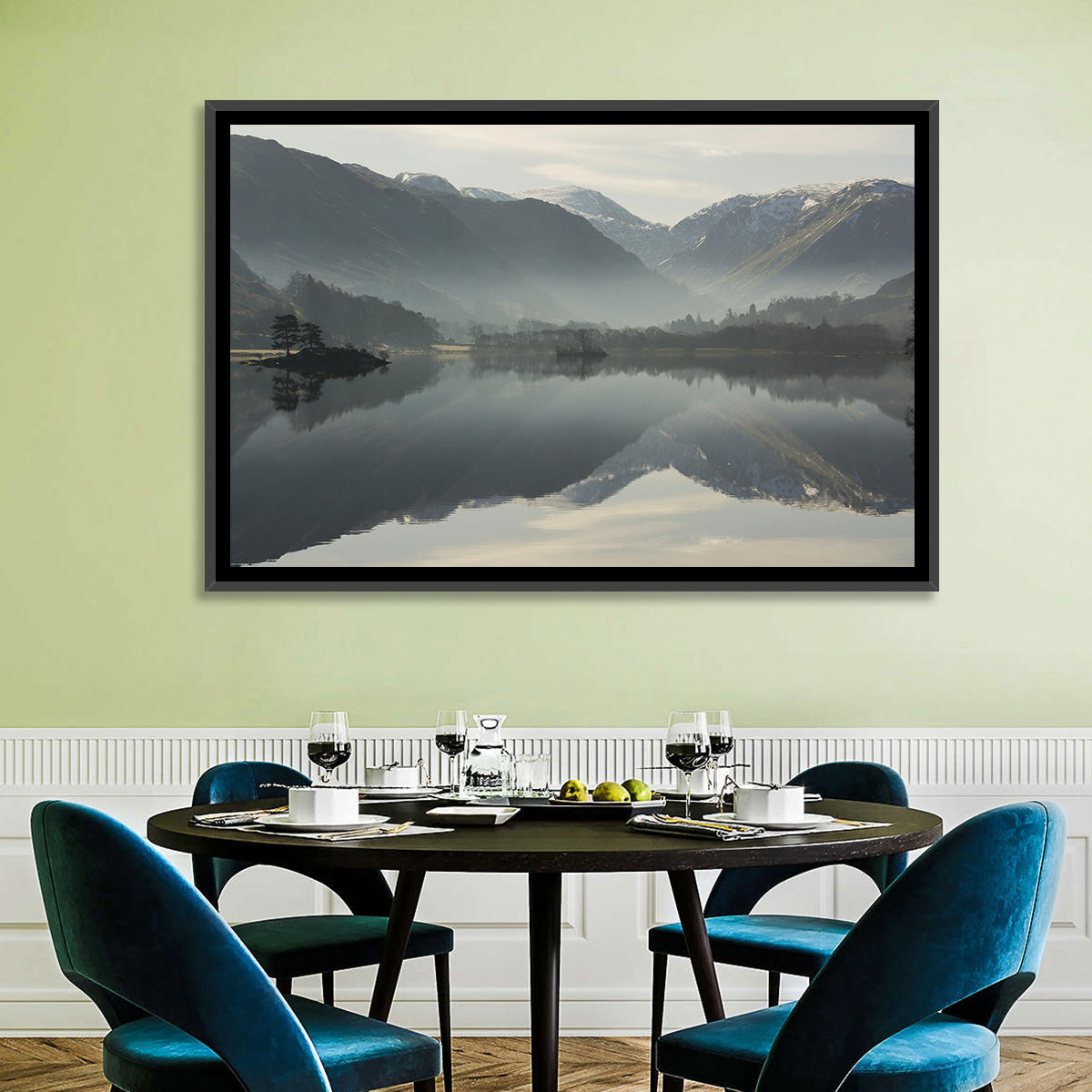 Lake Ullswater Morning Mist Wall Art in a room, landscape