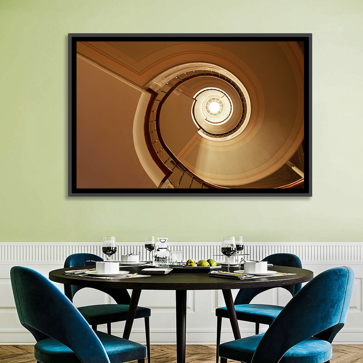 Worms-eye Spiral Staircase Wall Art in a room, landscape