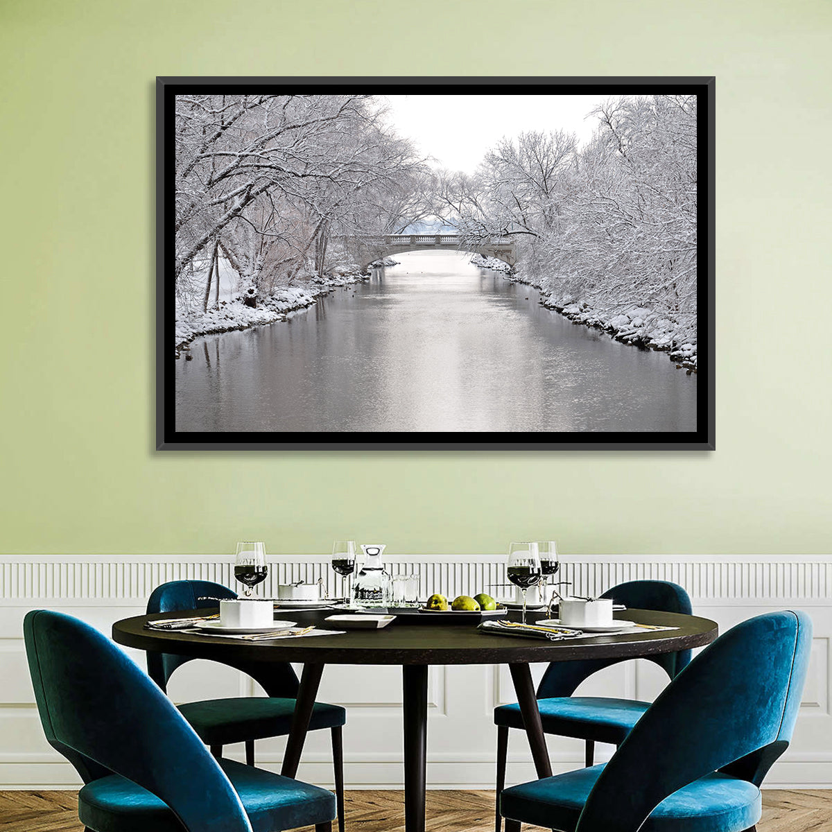 Yahara River Winter Stone Bridge Wall Art in a room, landscape