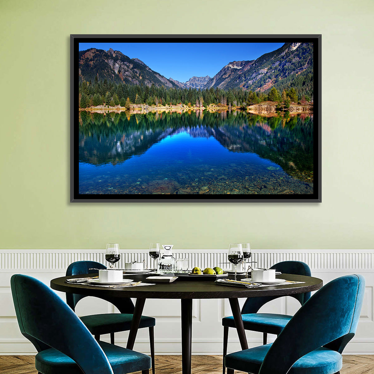 Gold Lake Reflection Wall Art in a room, landscape