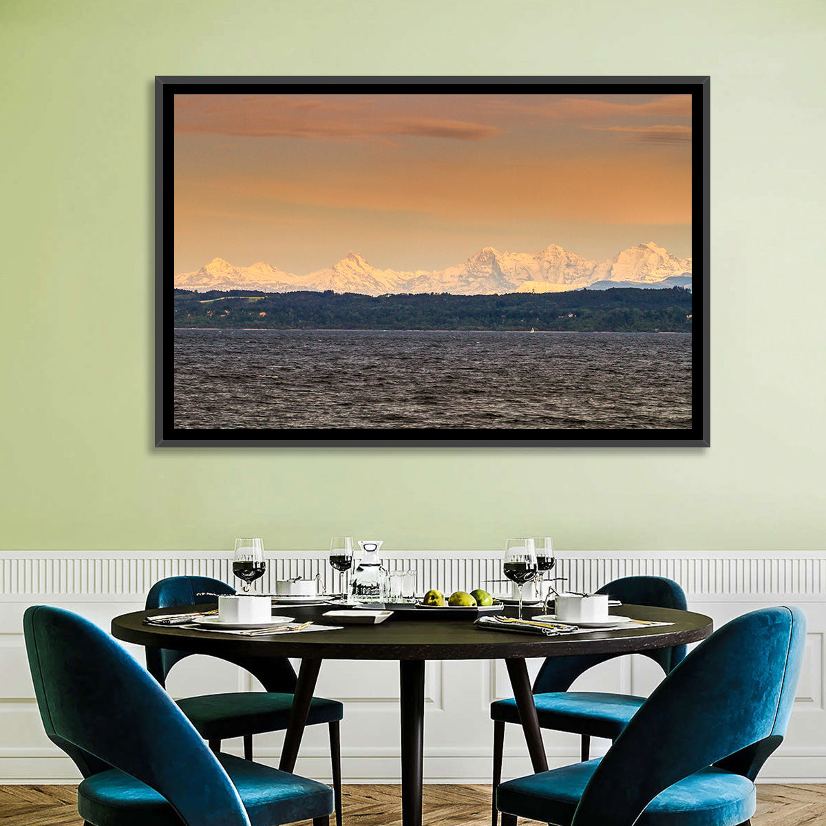 Lake Neuchatel Golden Hour Wall Art in a room, landscape