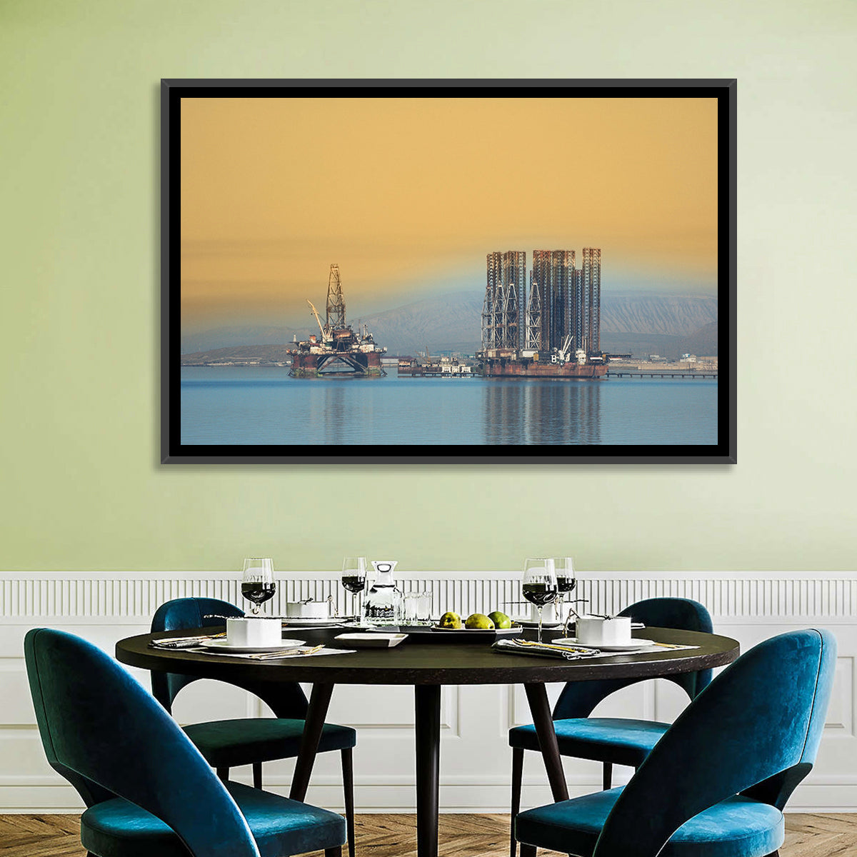 Baku Oil Rigs at Dusk Wall Art in a room, landscape
