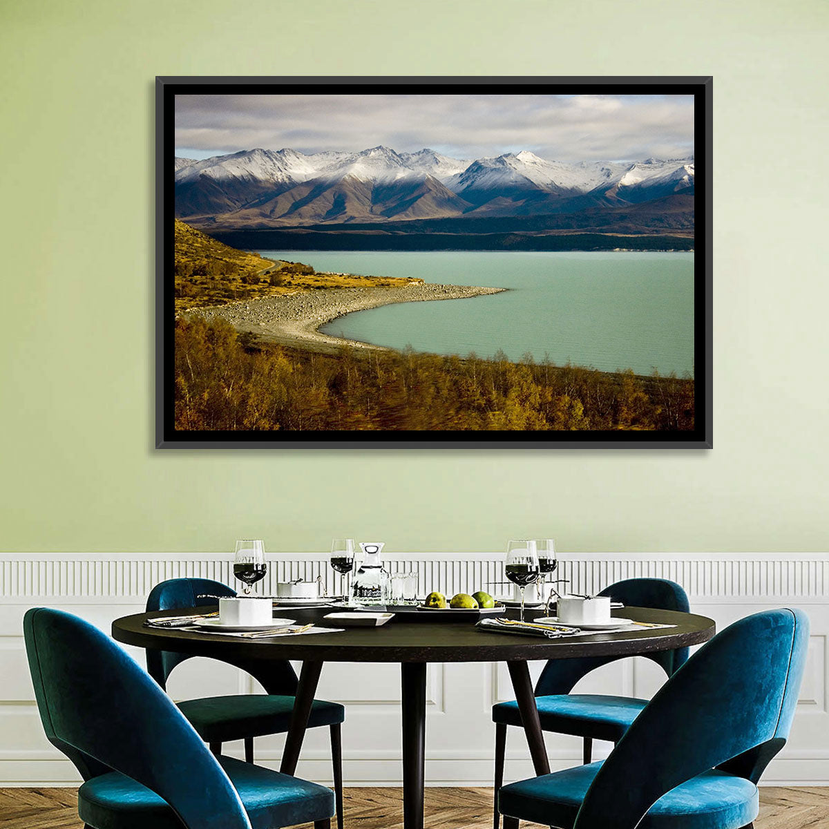 Lake Pukaki Autumn Shoreline Wall Art in a room, landscape