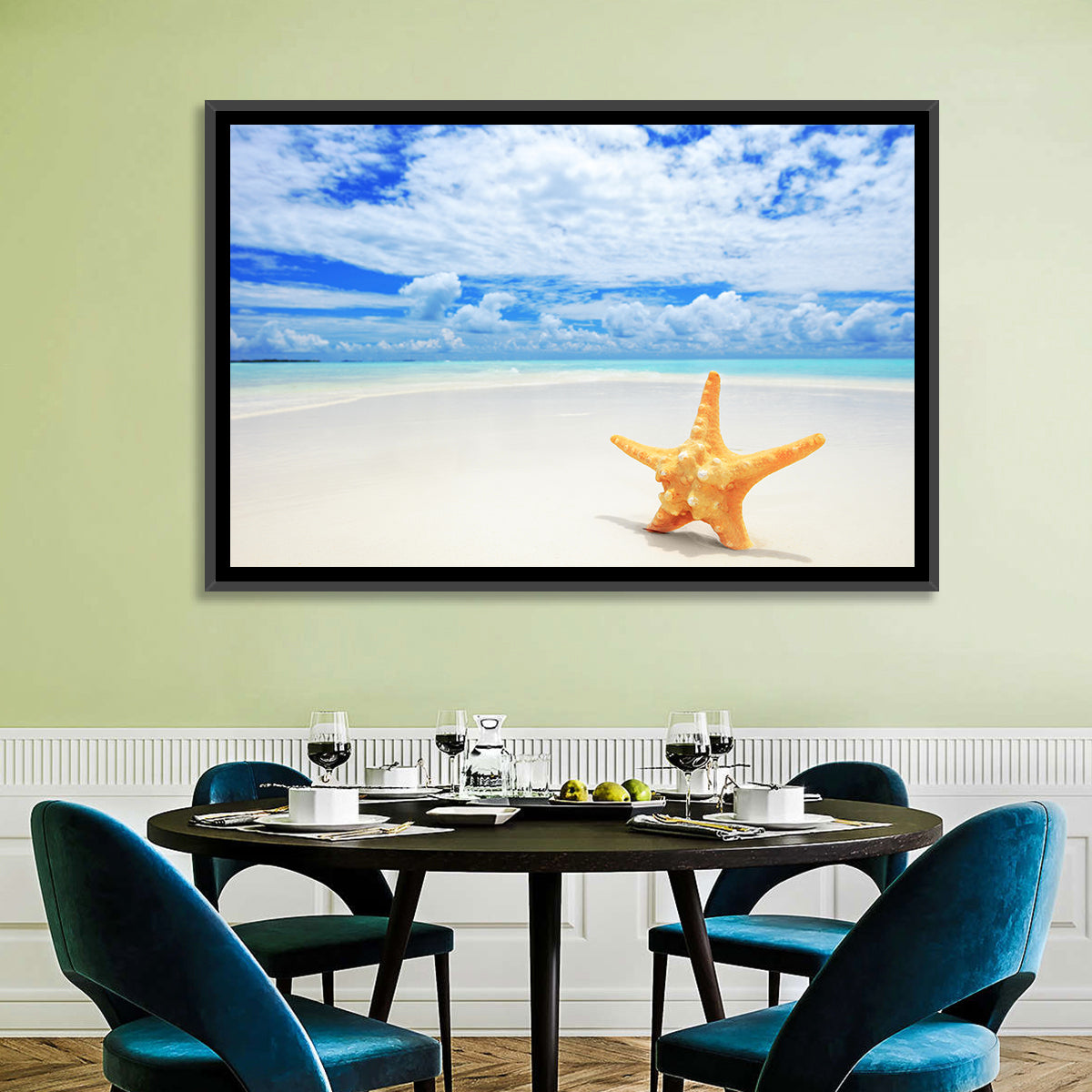 Minimalist Yellow Starfish on Turquoise Shore Wall Art in a room, landscape