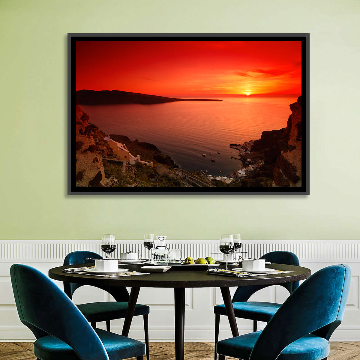 Ammoudi Bay Sunset, Oia Wall Art in a room, landscape