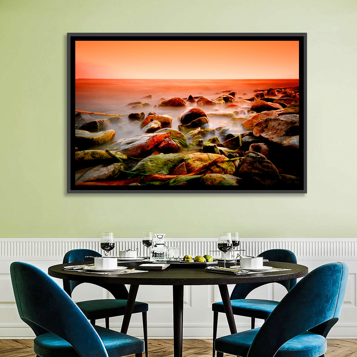 Lake Shore Sunset Wall Art in a room, landscape