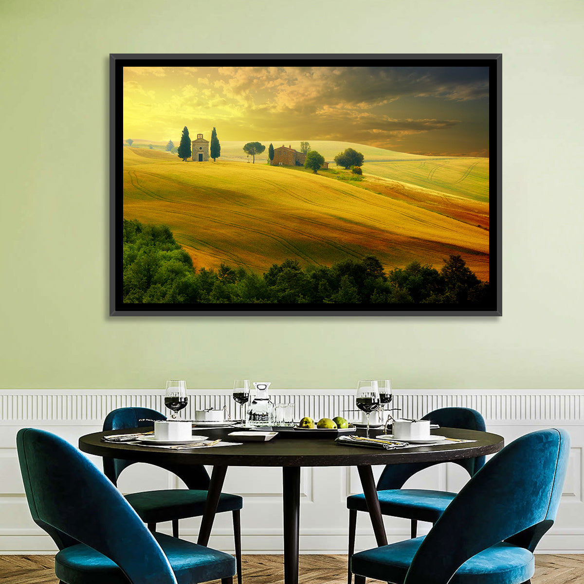 Tuscany Golden Hour Landscape Wall Art in a room, landscape