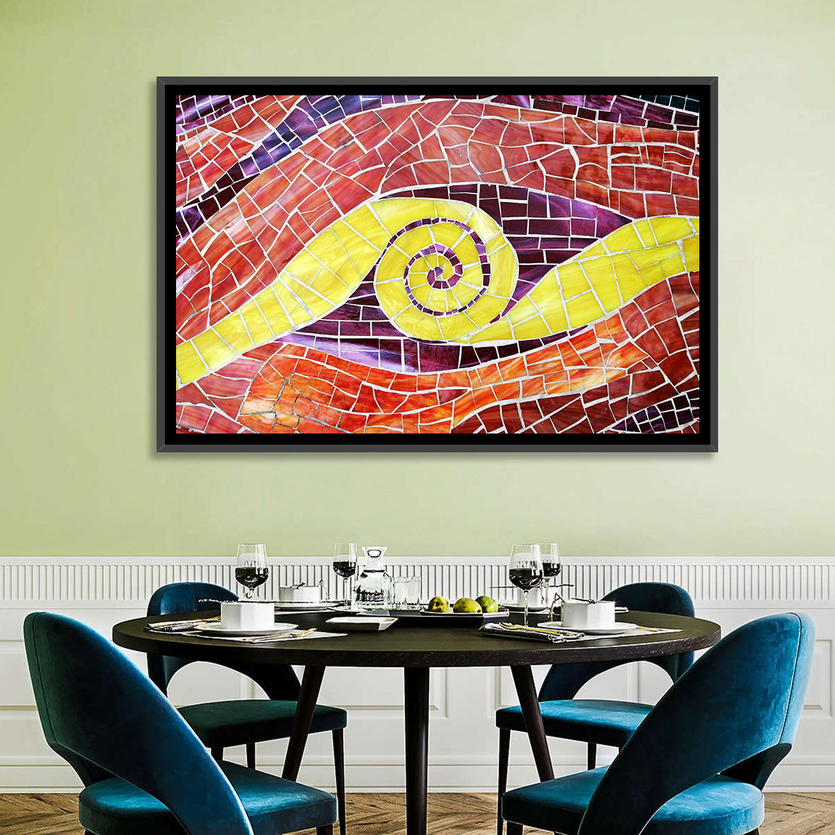 Red and Yellow Spiral Mosaic Wall Art in a room, landscape