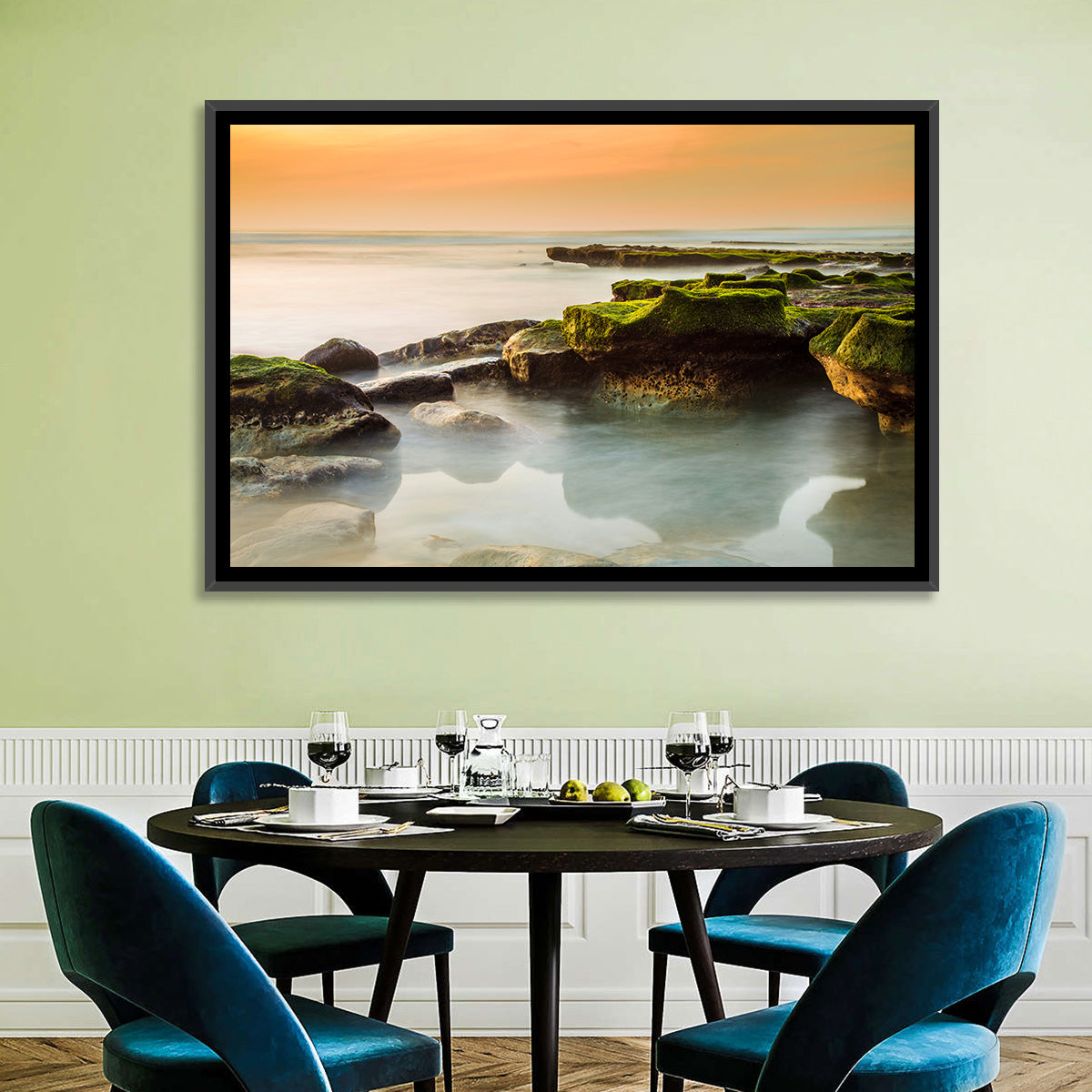 Mossy Rocky Coastline at Golden Hour Wall Art in a room, landscape