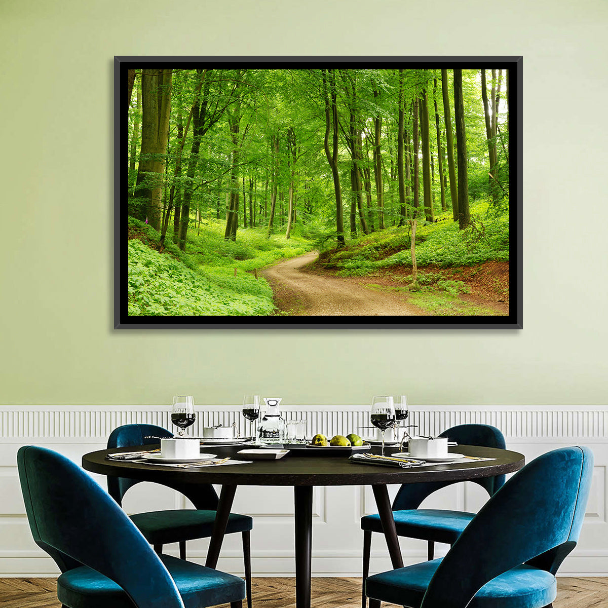 Sunlit Forest Path Wall Art in a room, landscape