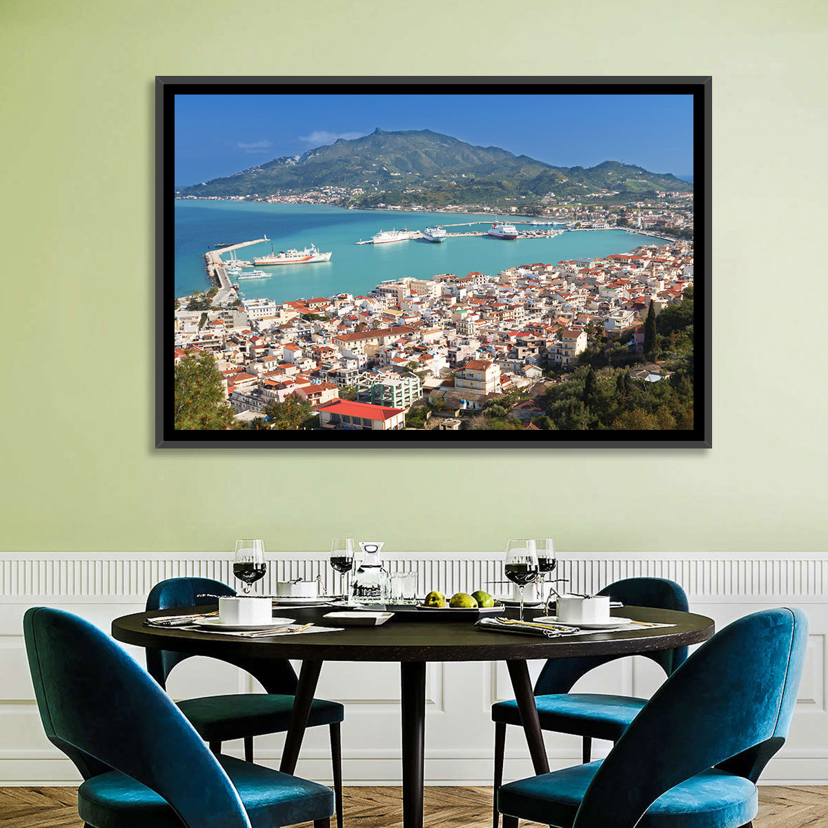 Zakynthos Harbor View Wall Art in a room, landscape