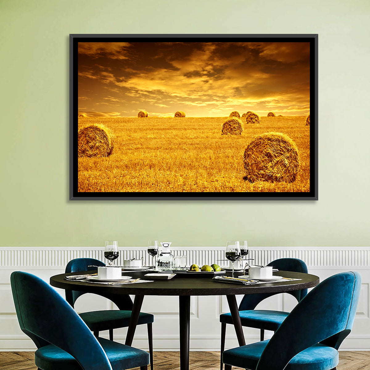 Golden Hour Haystacks Wall Art in a room, landscape