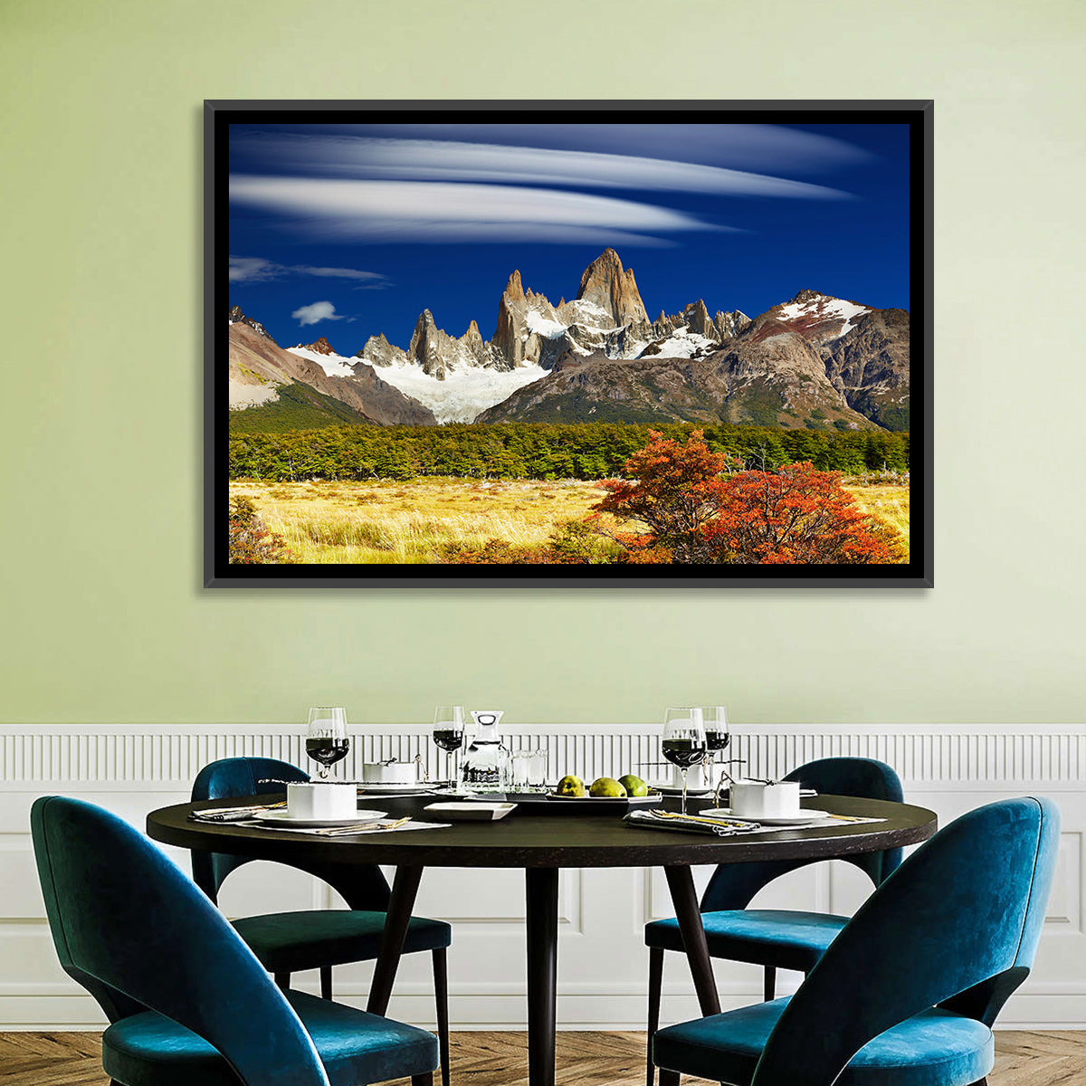 Fitz Roy Peaks, El Chaltén Wall Art in a room, landscape