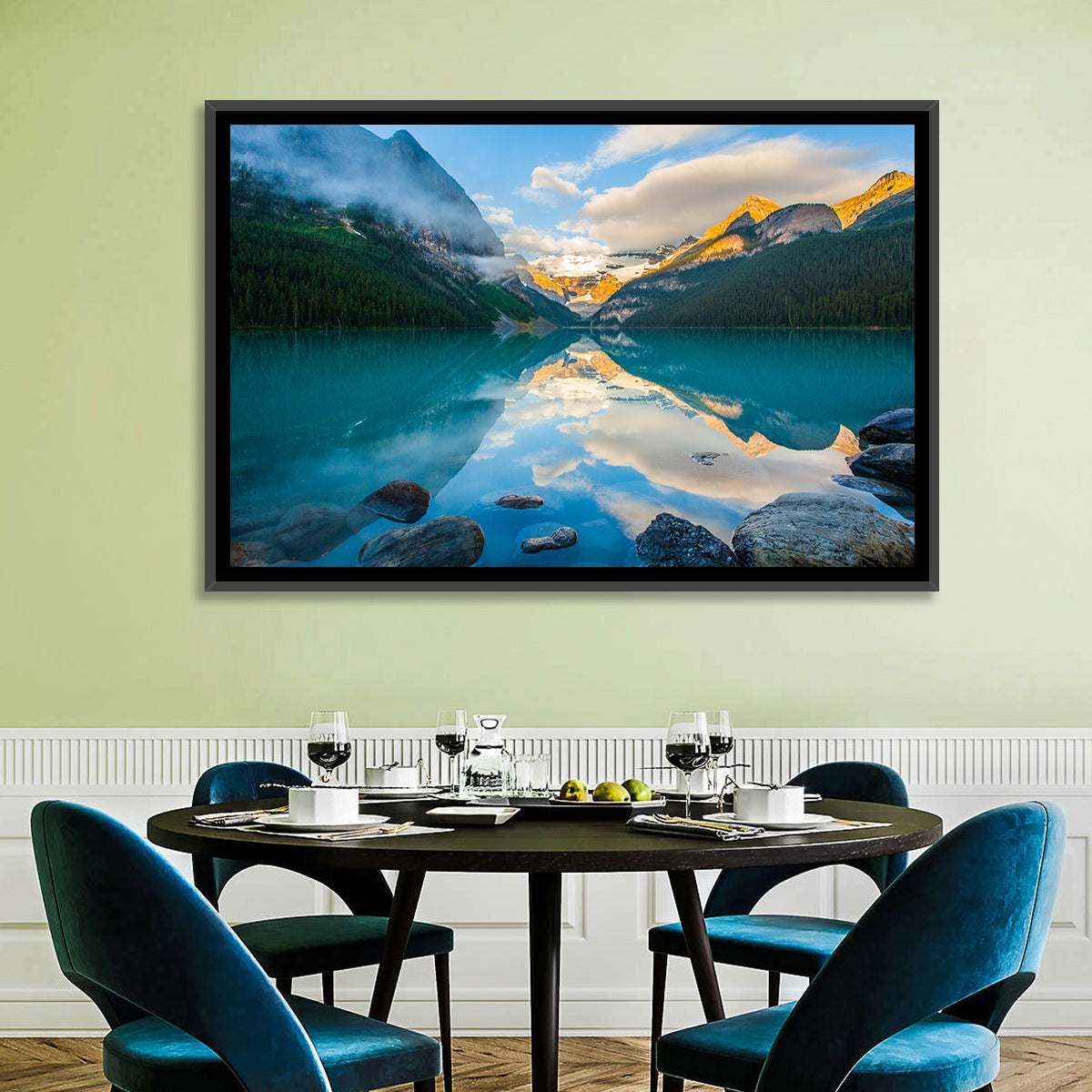 Lake Louise Sunrise Reflection Wall Art in a room, landscape