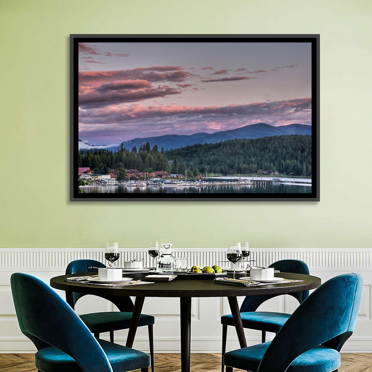Lake Pend Oreille Twilight Reflection Wall Art in a room, landscape