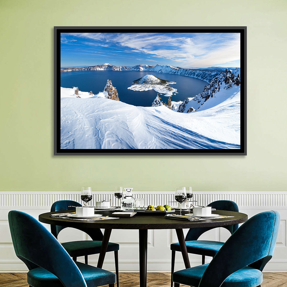 Crater Lake with Wizard Island Wall Art in a room, landscape