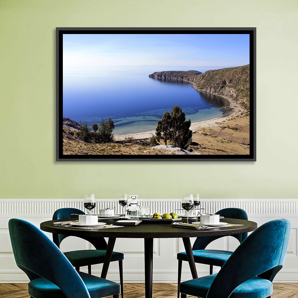 Titicaca Cliffs and Turquoise Water Wall Art in a room, landscape