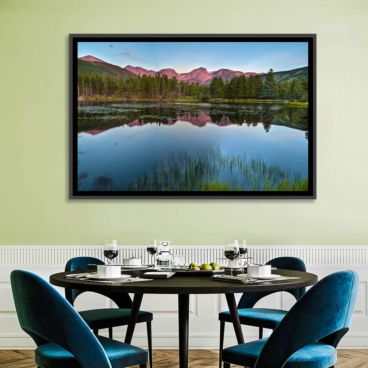 Sprague Lake Reflection Wall Art in a room, landscape
