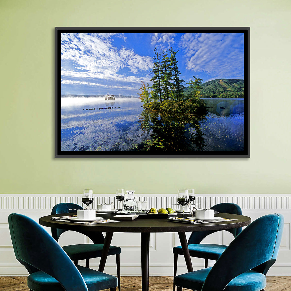 Misty Maine Lake Wall Art in a room, landscape