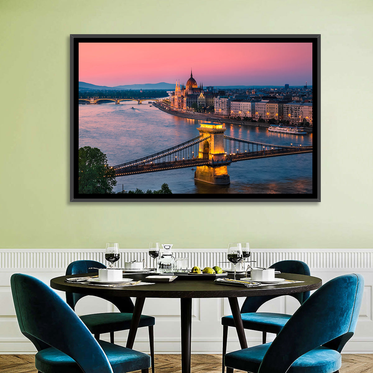 Budapest Chain Bridge at Twilight Wall Art in a room, landscape