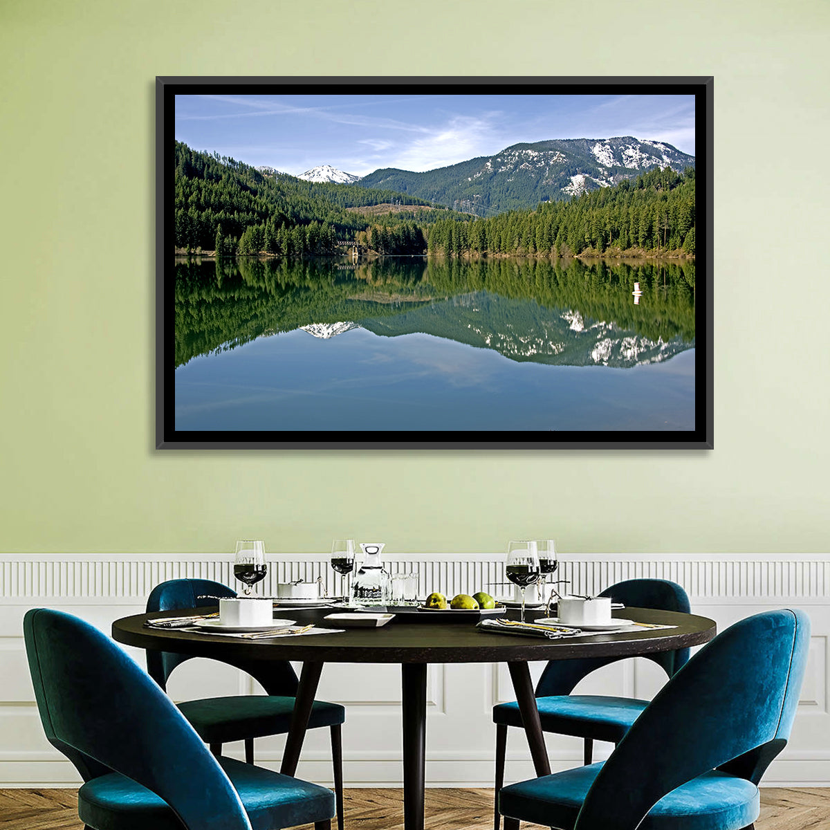Lake Crescent Reflection Wall Art in a room, landscape