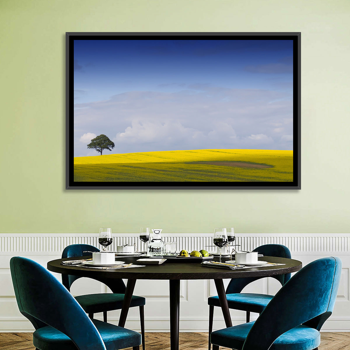 Solitary Tree Over Rapeseed Field Wall Art in a room, landscape