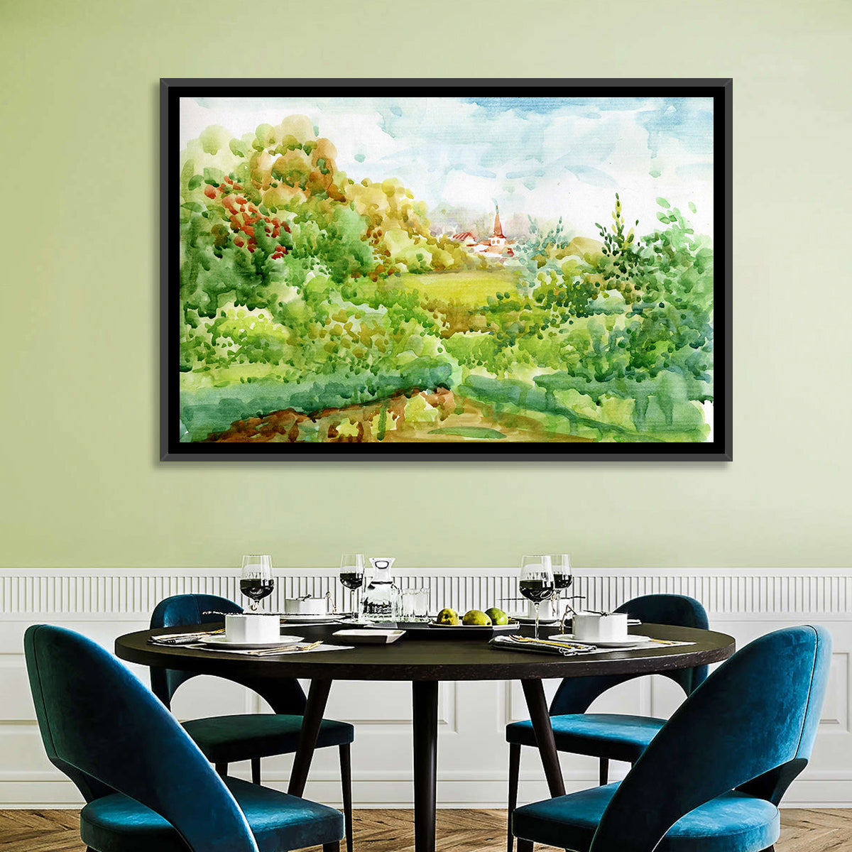 Red Steeple Village Watercolor Wall Art in a room, landscape
