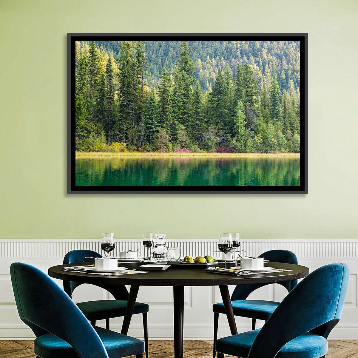 Tranquil Forest Lake Wall Art in a room, landscape