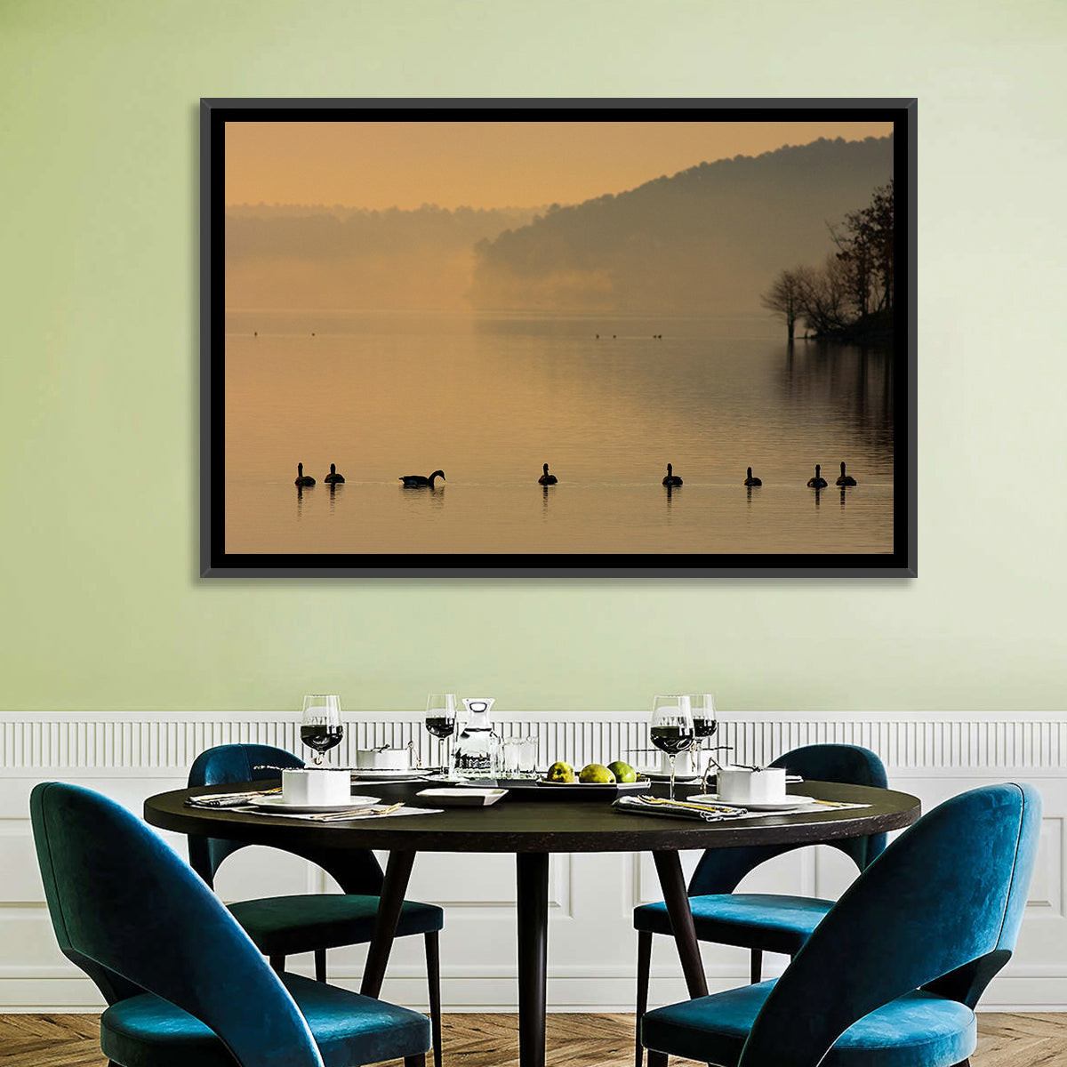 Lake Degray Geese Silhouette Wall Art in a room, landscape