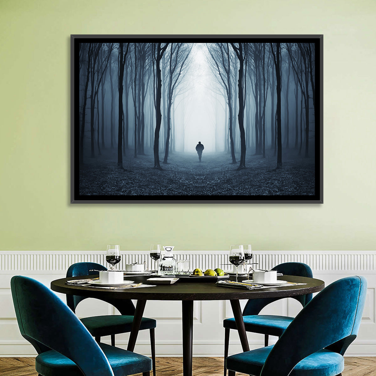 Lone Figure in Misty Forest Wall Art in a room, landscape