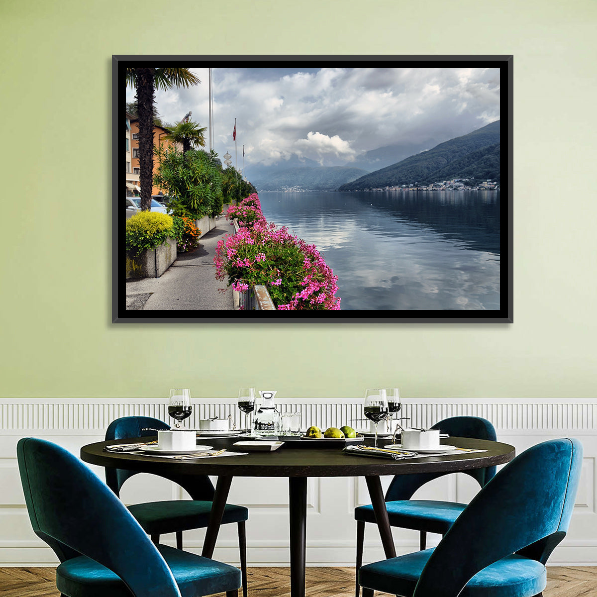 Lake Lugano Floral Walkway Wall Art in a room, landscape
