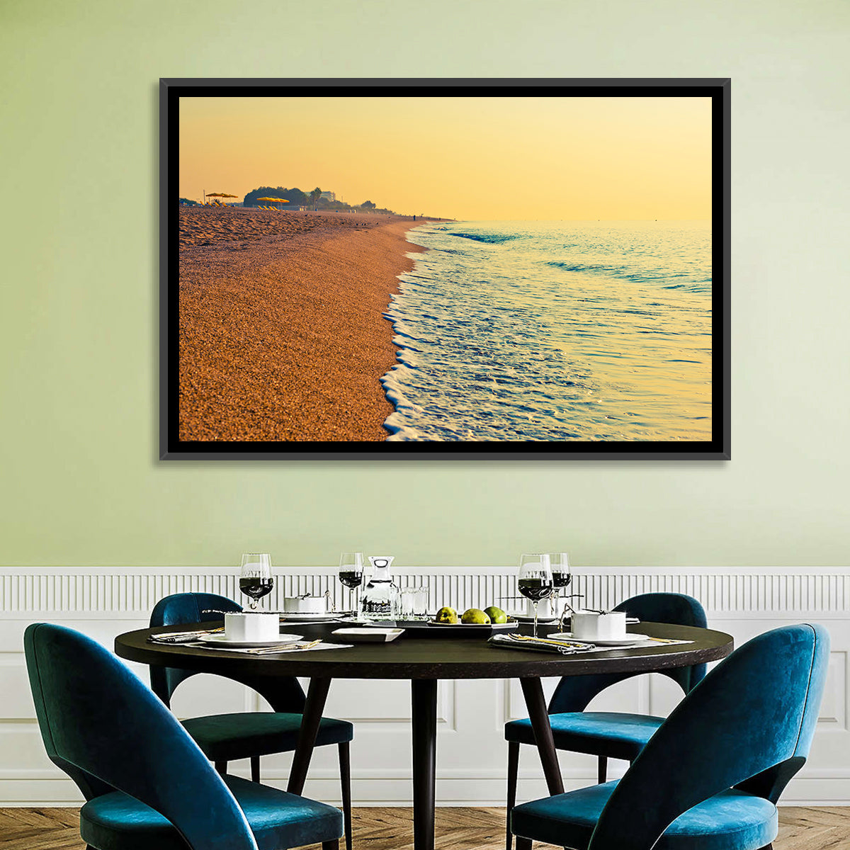Tranquil Beach Sunrise Wall Art in a room, landscape
