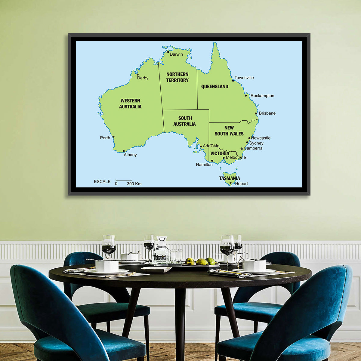 Minimalist Australia Map with State Labels Wall Art in a room, landscape