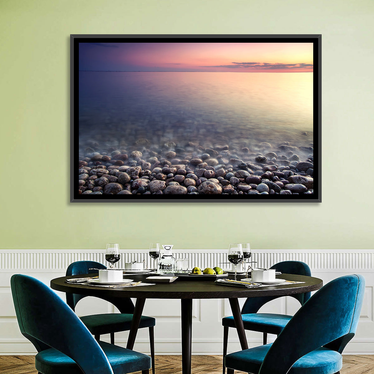 Pebbled Shore Sunset Wall Art in a room, landscape