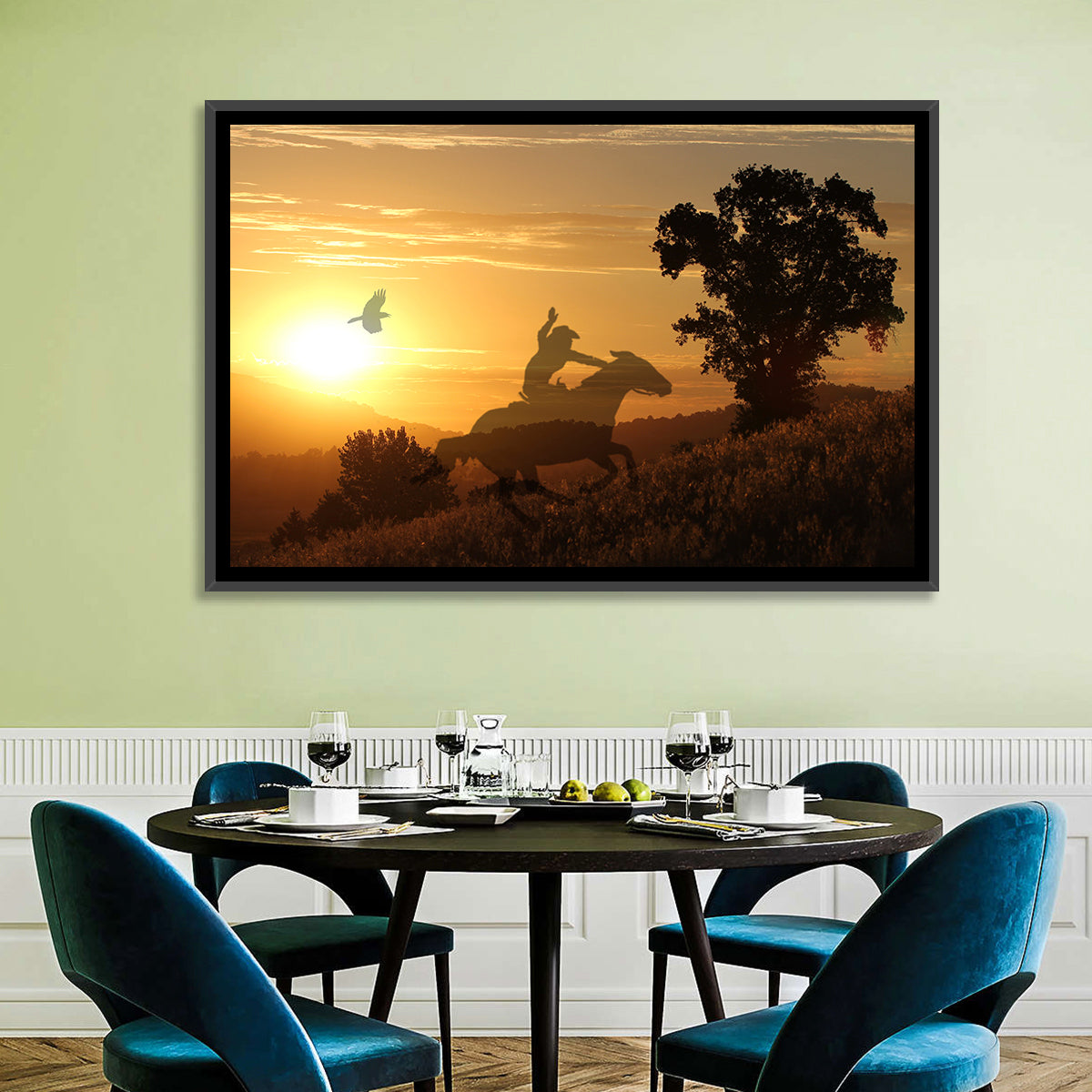 Cowboy Silhouette at Golden Sunset Wall Art in a room, landscape