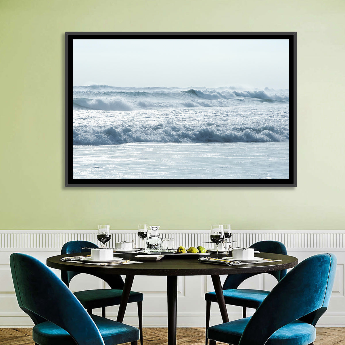 Misty Horizon Ocean Waves Wall Art in a room, landscape