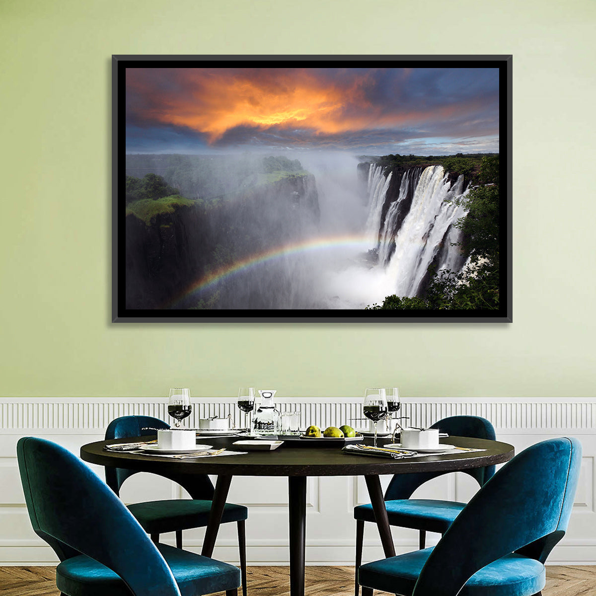 Victoria Falls Rainbow at Dusk Wall Art in a room, landscape