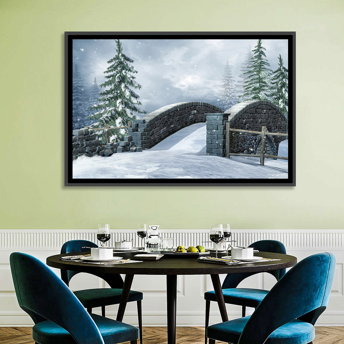 Snowy Stone Bridge in Winter Forest Wall Art
