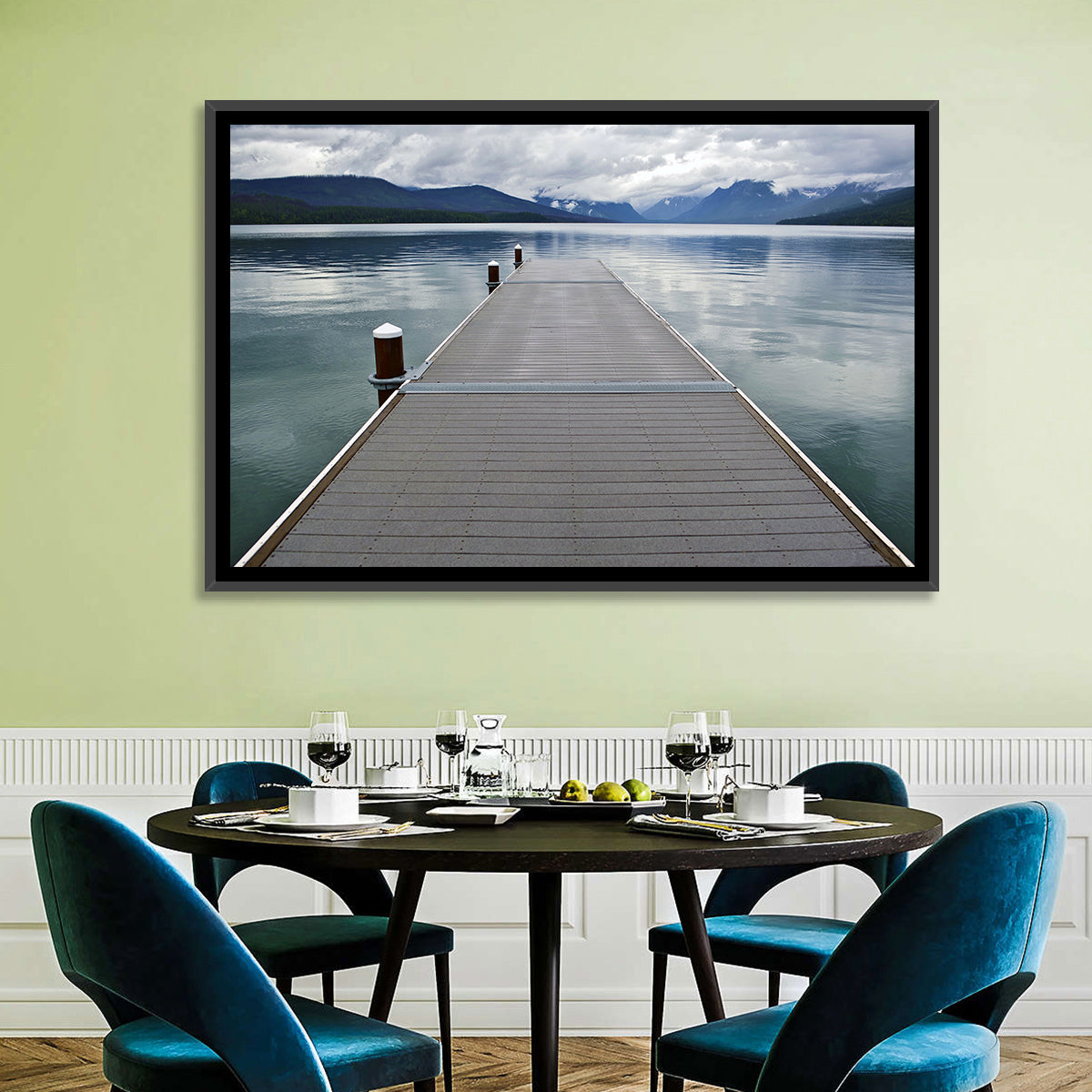 Lake Mcdonald Wooden Dock Wall Art in a room, landscape