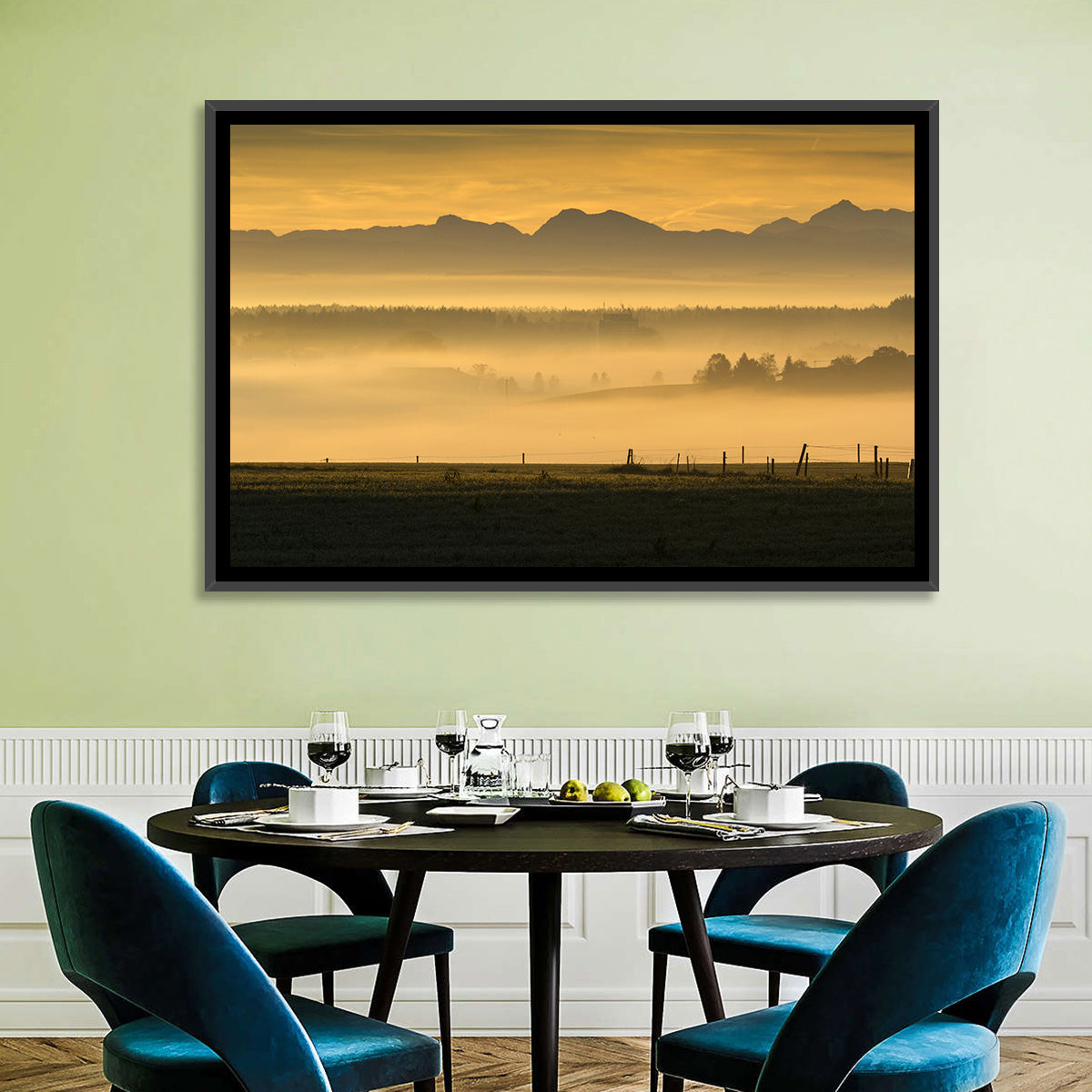 Bavarian Alps Morning Haze Wall Art in a room, landscape