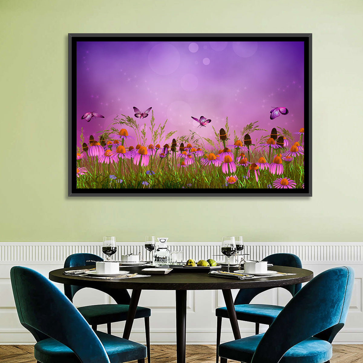 Purple Coneflower Butterfly Meadow Wall Art in a room, landscape