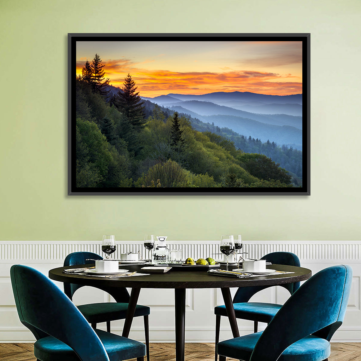 Great Smoky Mountains Sunset Wall Art in a room, landscape