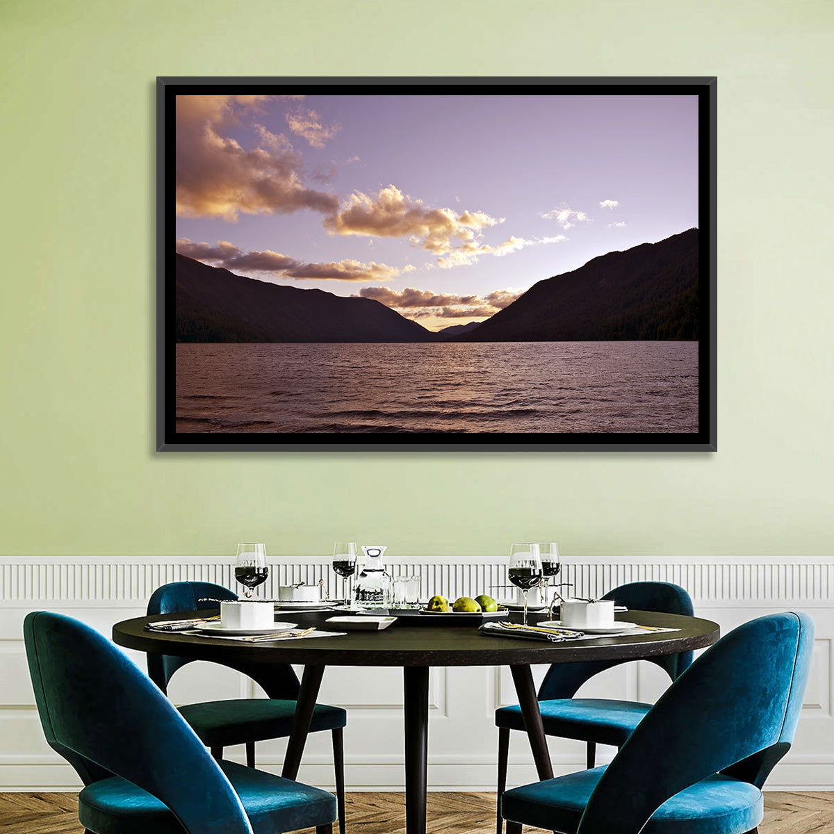 Purple Sunset Over Lake Crescent Wall Art in a room, landscape
