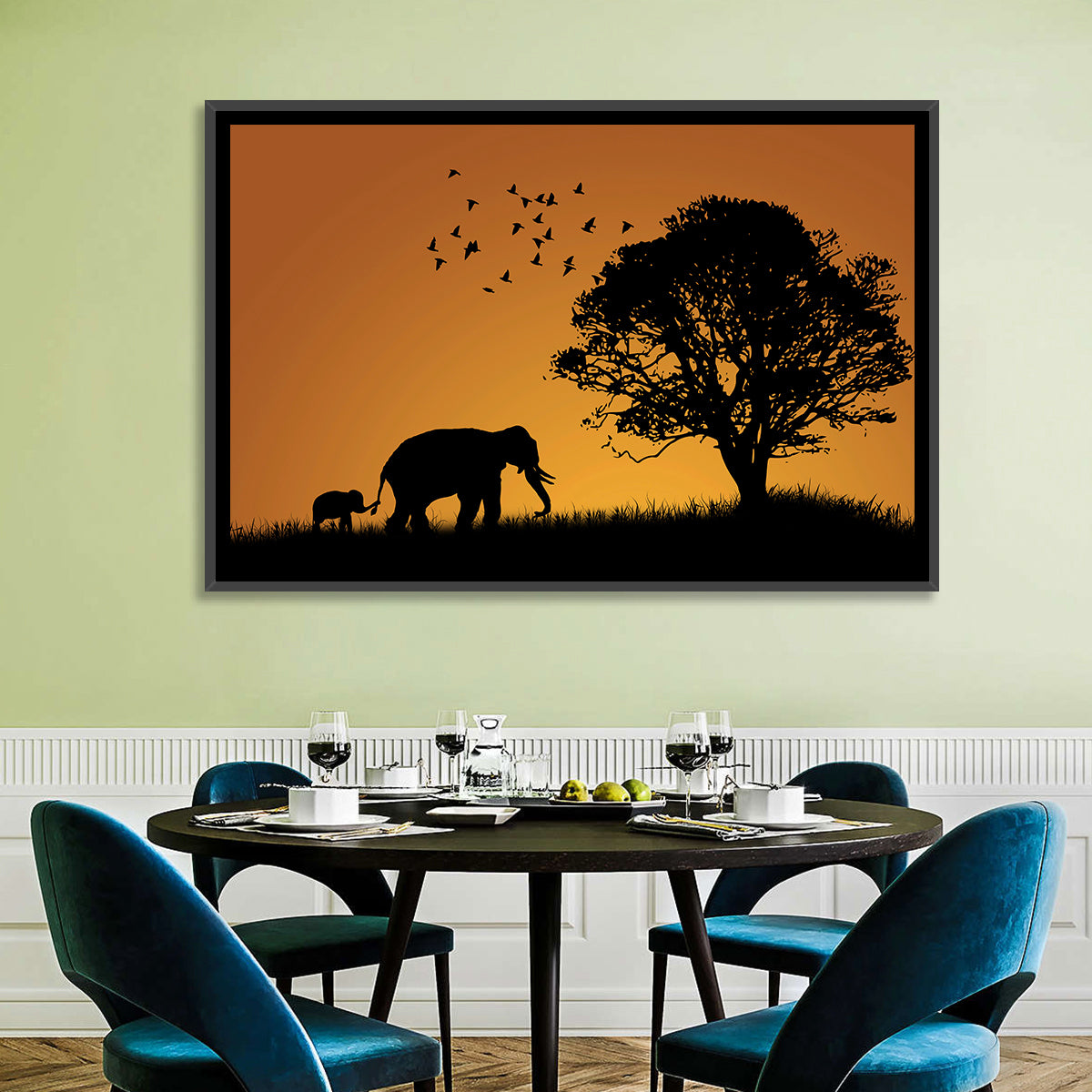 Elephant Family at Golden Sunset Wall Art
