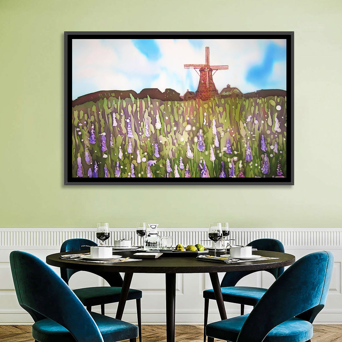Ink Wash Windmill in Blooming Field Wall Art