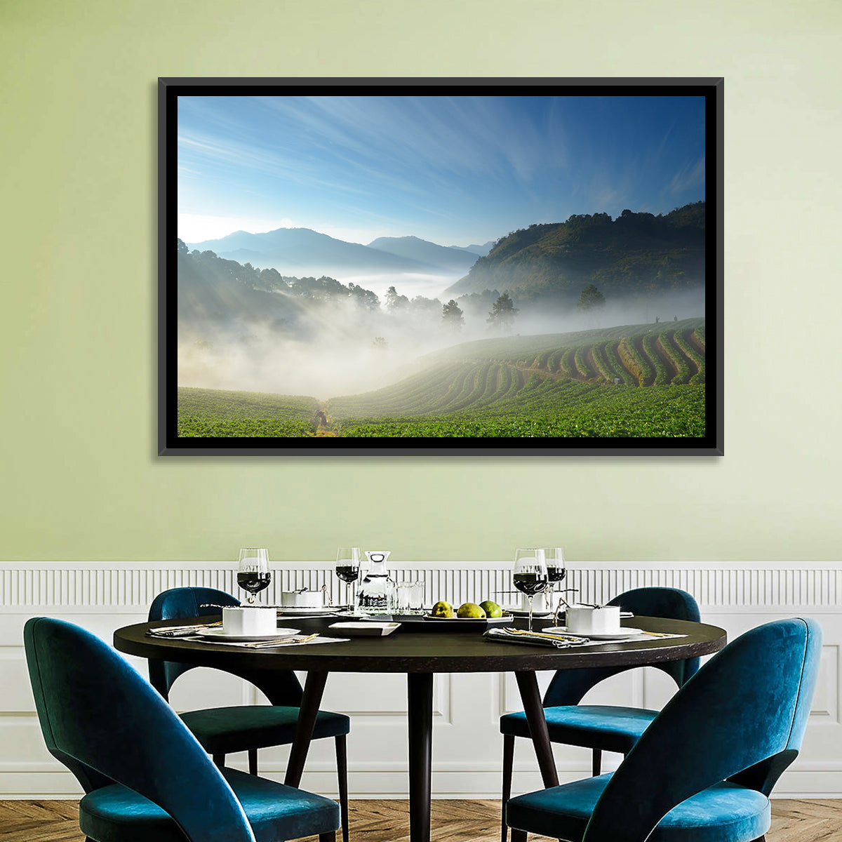 Sunlit Terraced Tea Hills Wall Art in a room, landscape