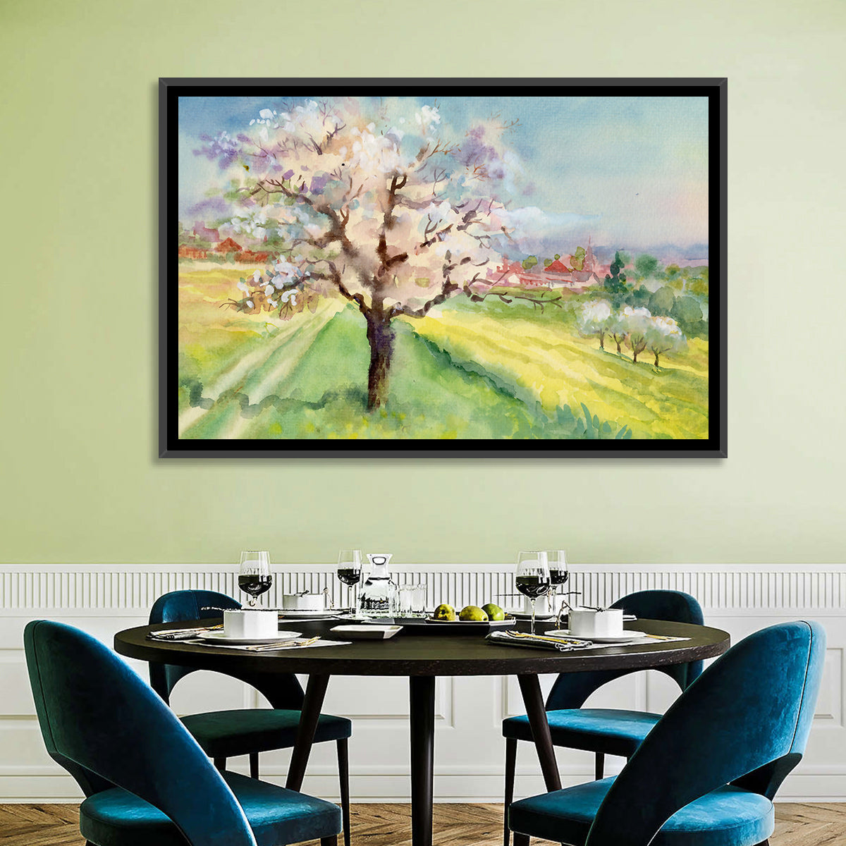 Spring Village Watercolor Wall Art in a room, landscape