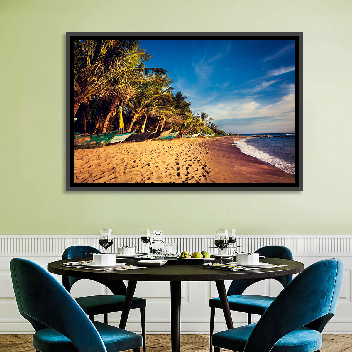Mirissa Beach Morning Light Wall Art in a room, landscape