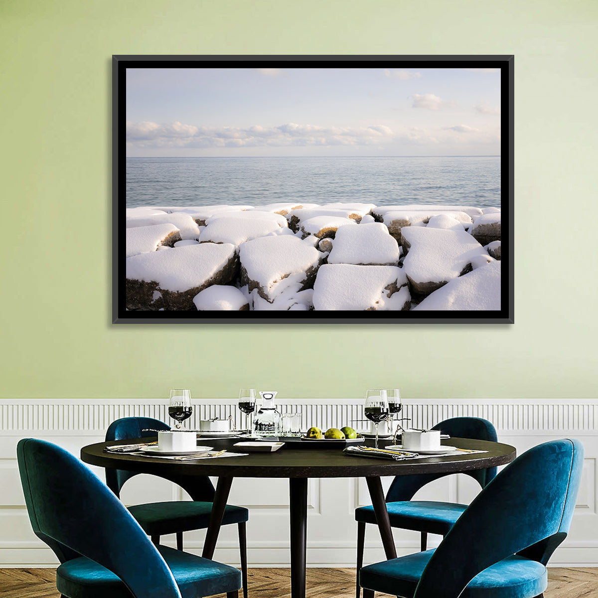 Lake Ontario Snowy Rocks Wall Art in a room, landscape